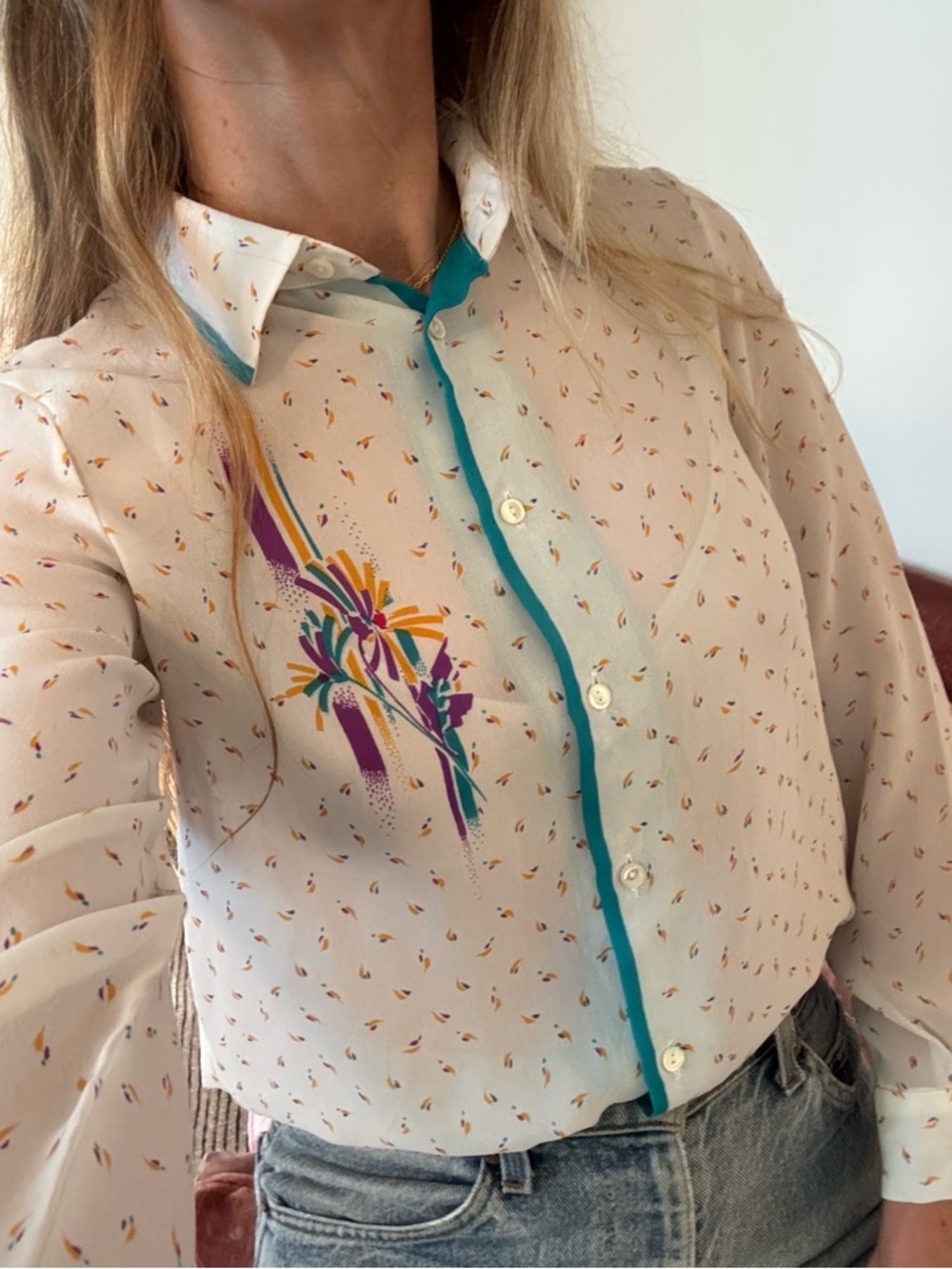 “French Girl” Vintage Cream Printed Button-Down Blouse with Teal Trim